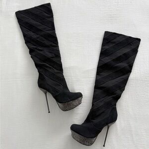 Y2K Two Lips Vain Black Leather Over the Knee Silver Platform High Heel Boots